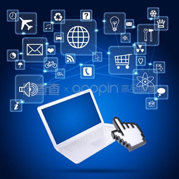 筆記本電腦與應(yīng)用程序圖標(biāo) 連接軟件服務(wù)的數(shù)字門(mén)戶